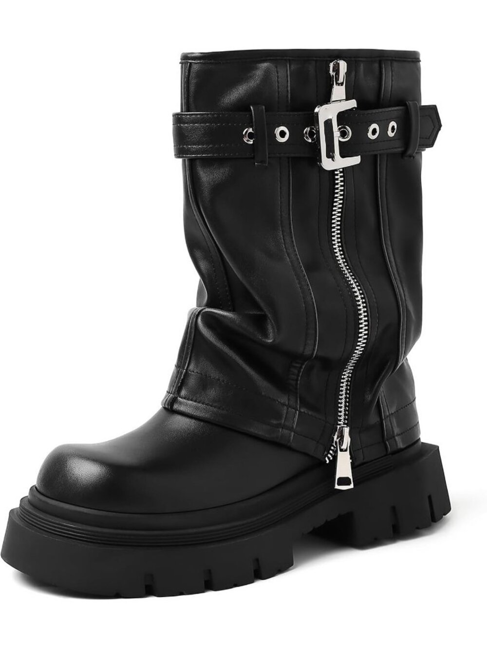 Women's Black Fold Over Biker Mid Calf Belt Buckle Square Toe Short Ankle Boots